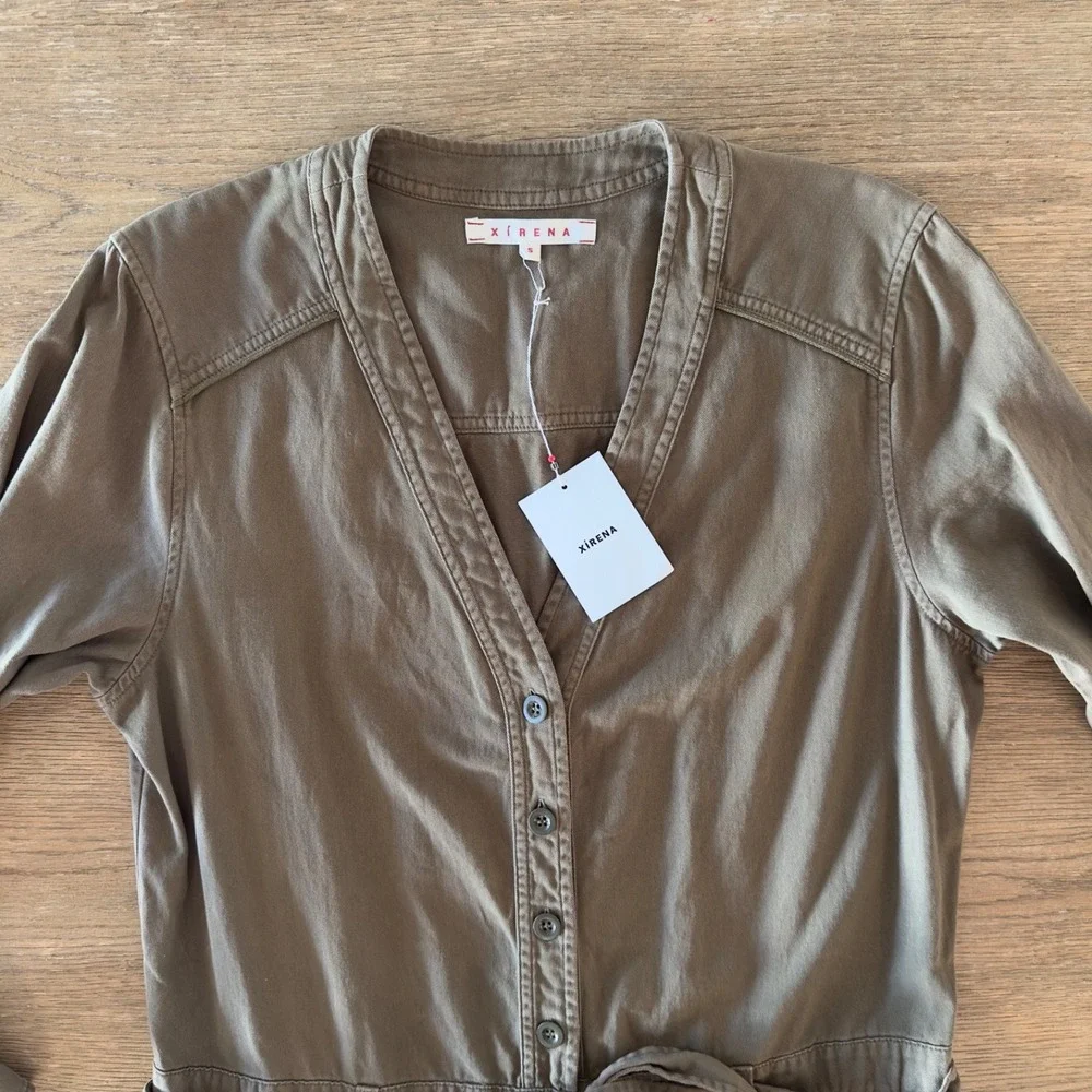 Xirena‎ Long Sleeve Wylie Jumpsuit-Button Front Tie Waist-Khaki Green-Size S NWT